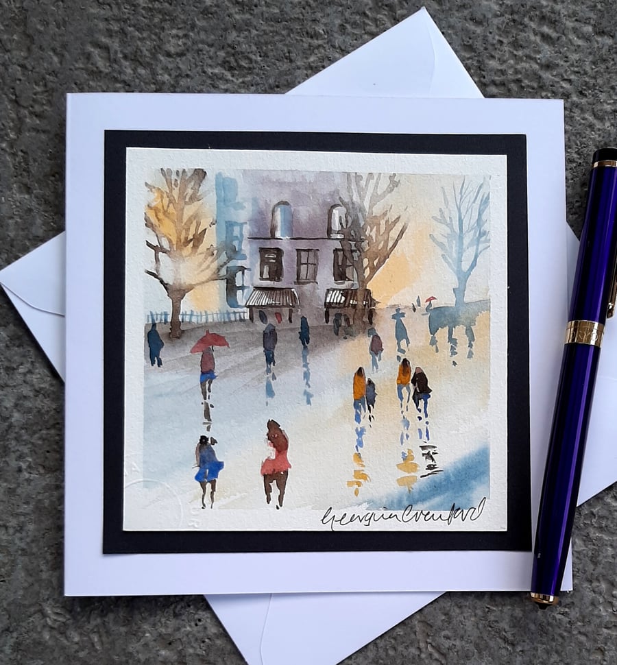 Blank Card. Rainy Day Cafe. Handpainted Card Keepsake. Handmade Card