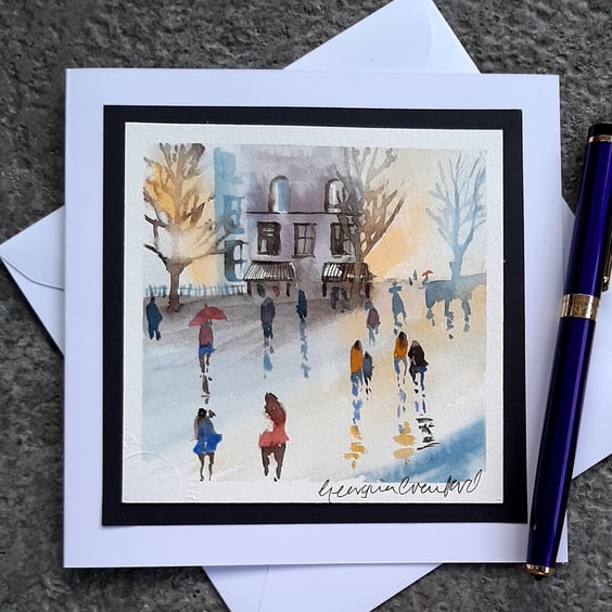 Blank Card. Rainy Day Cafe. Handpainted Card Keepsake. Handmade Card