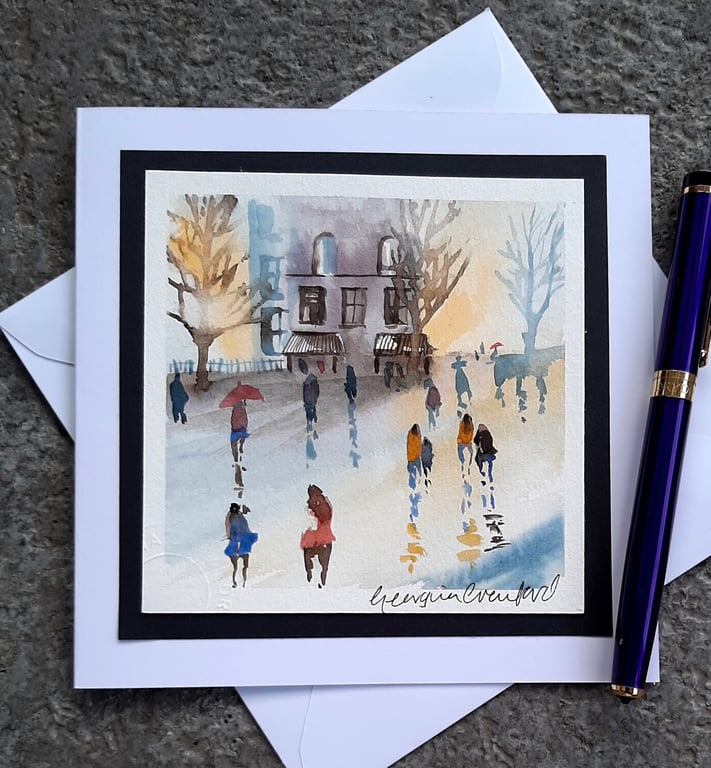 Blank Card. Rainy Day Cafe. Handpainted Card Keepsake. Handmade Card