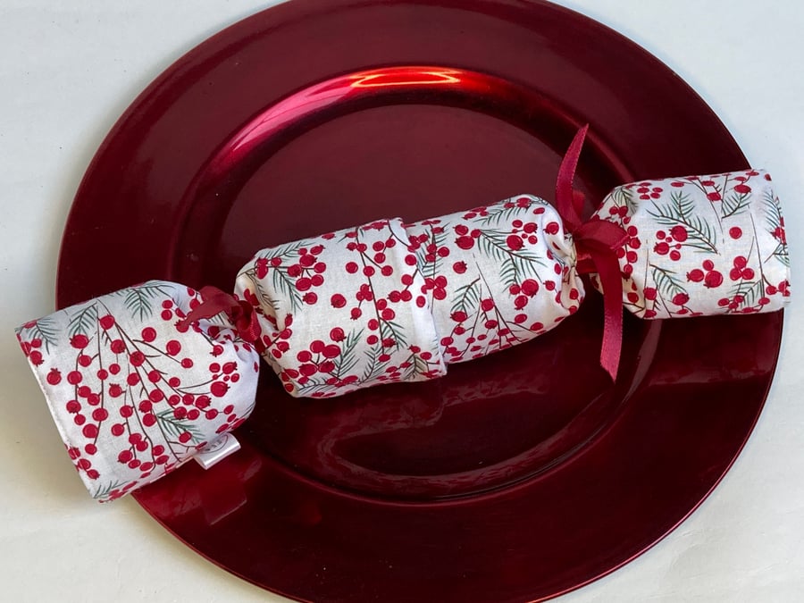 Pick and mix Christmas Cracker. Reusable and waste free. Red berries on white