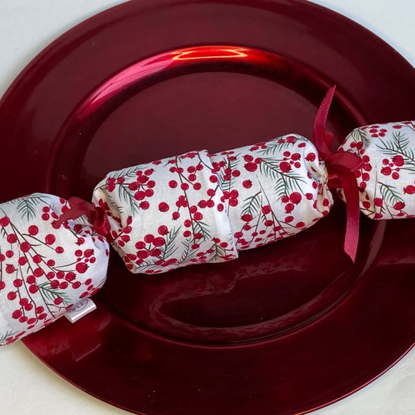 Pick and mix Christmas Cracker. Reusable and waste free. Red berries on white