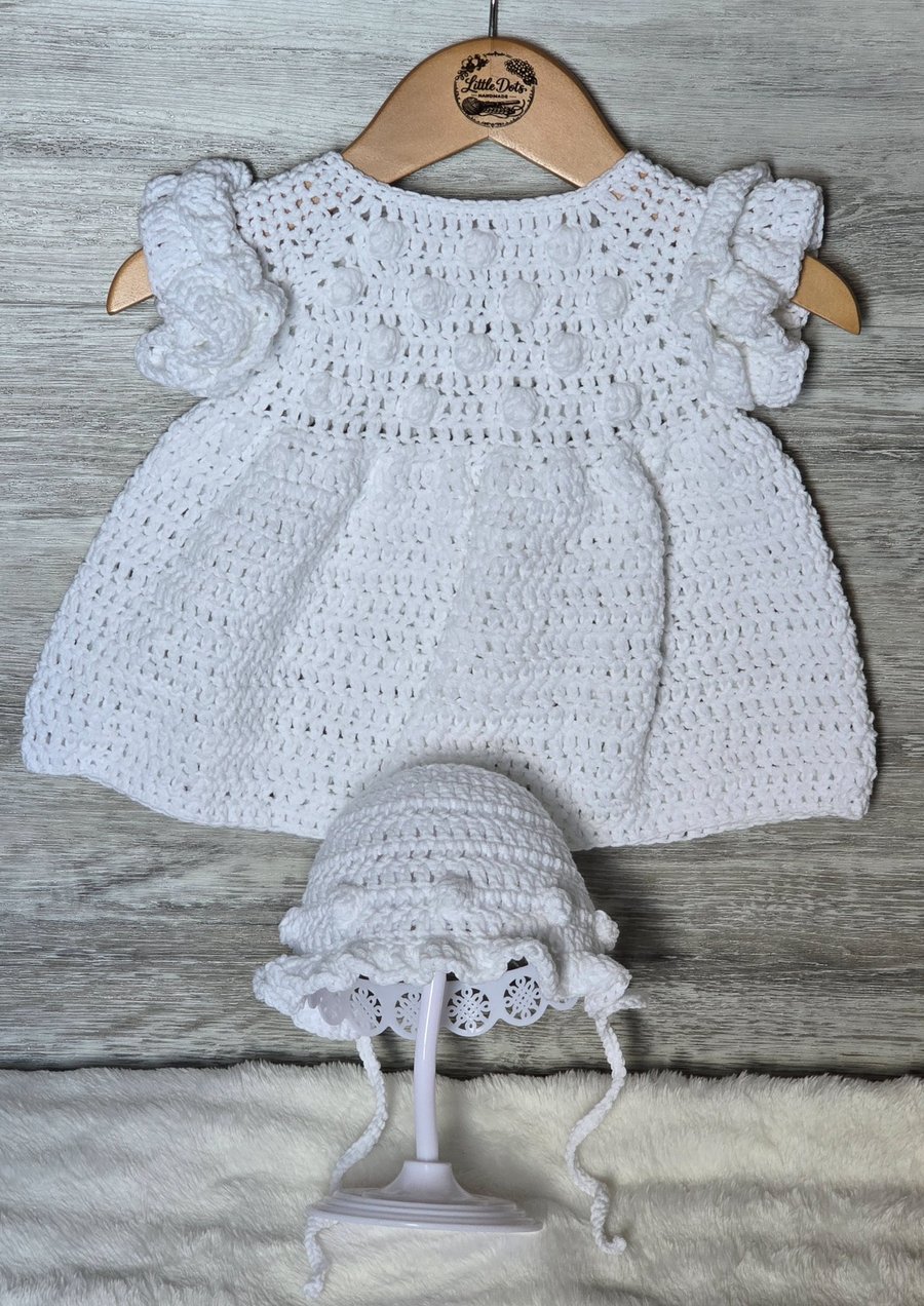 Handmade Crochet Baby Dress & Bonnet Set – 3–6 Months