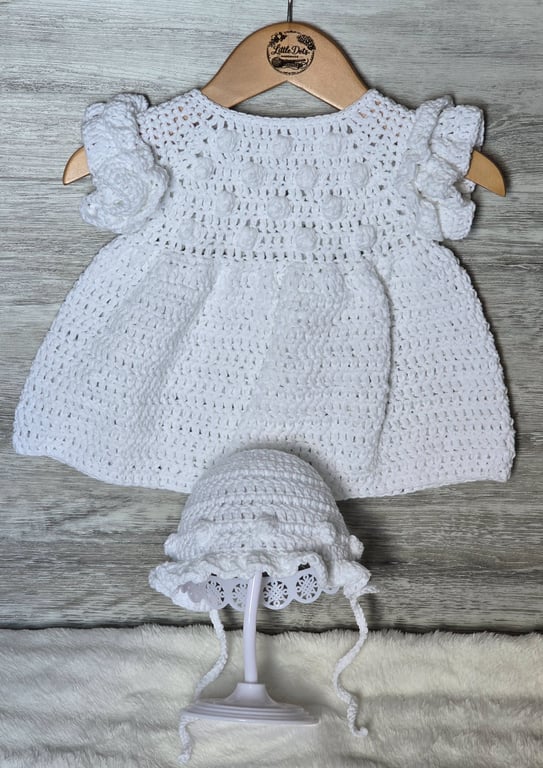 Handmade Crochet Baby Dress & Bonnet Set – 3–6 Months