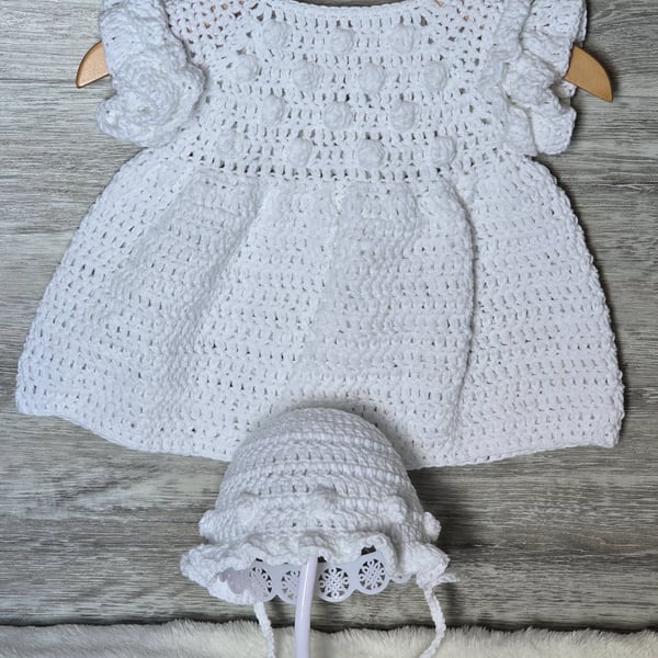 Handmade Crochet Baby Dress & Bonnet Set – 3–6 Months