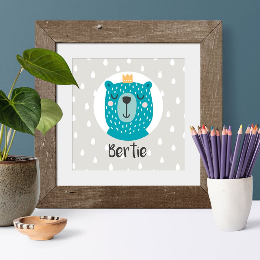 Bear Prince Personalised Nursery Print, baby christening gift