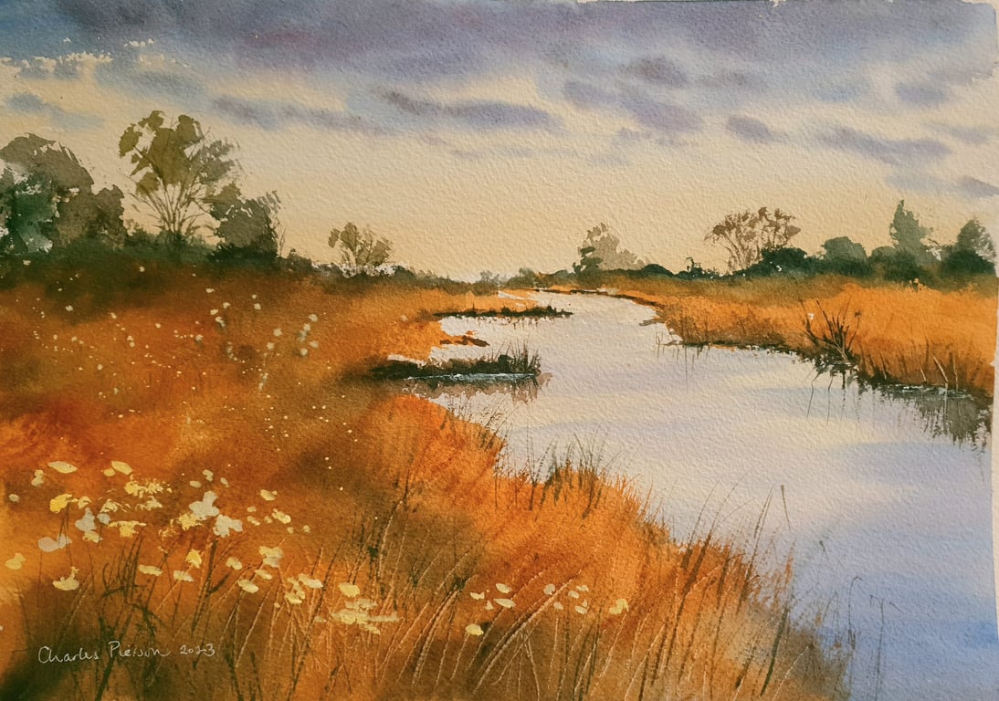 Original Watercolour Landscape. Quiet at the Meadow's Edge. 15x11 inches