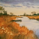 Original Watercolour Landscape. Quiet at the Meadow's Edge. 15x11 inches