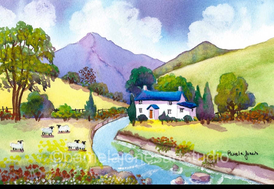 Watercolour Print, Riverside Cottage, Snowdonia, North wales, in 8 x 6'' mount 