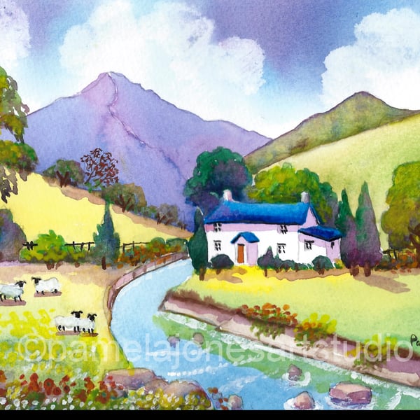 Watercolour Print, Riverside Cottage, Snowdonia, North wales, in 8 x 6'' mount 