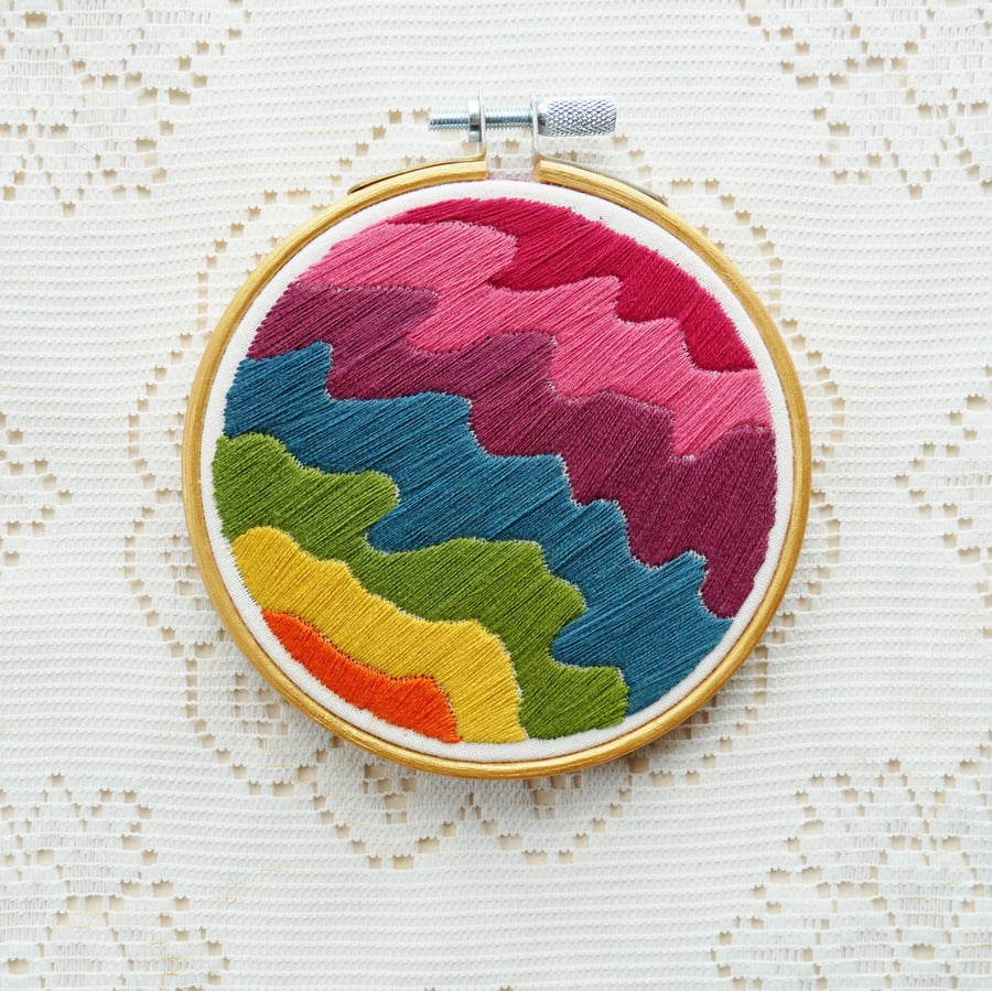 Rainbow Skies no.4 - Hand Stitched Embroidery Hoop - 4 Inch Hoop