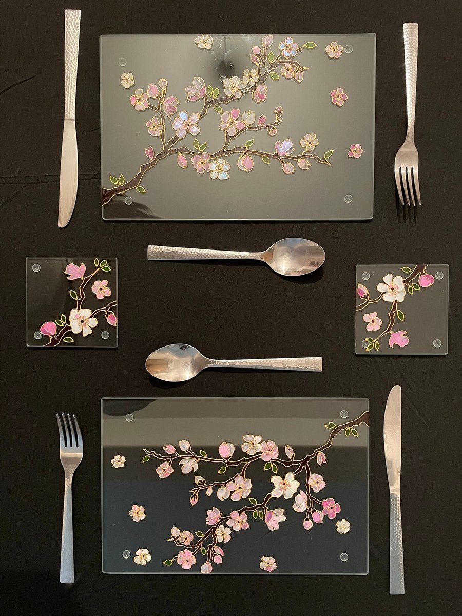 Hand Painted Glass Placemats with Cherry Blossom Special Tableware