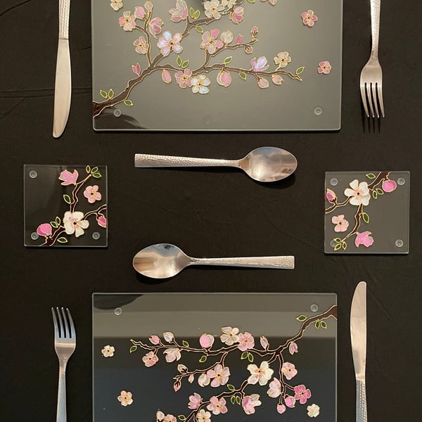 Hand Painted Glass Placemats with Cherry Blossom Special Tableware