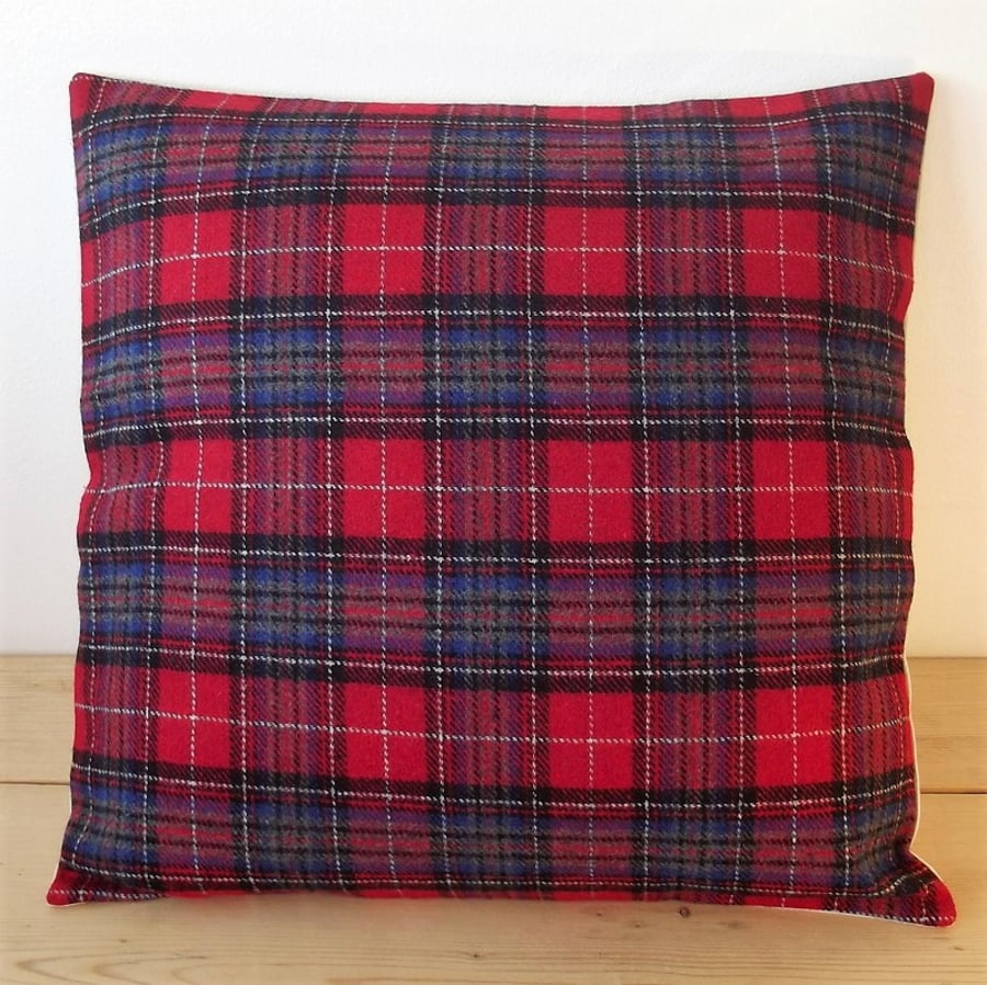 Cushion cover. Tartan plaid in red, blue, grey, black and white