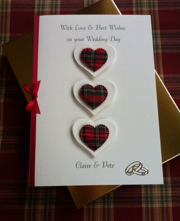 Boxed, Personalised Wedding Day Card Red Tartan Hearts. Scottish Themed. A5