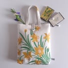  Daffodils handbag or bucket bag upcycled from vintage embroidered table linen 