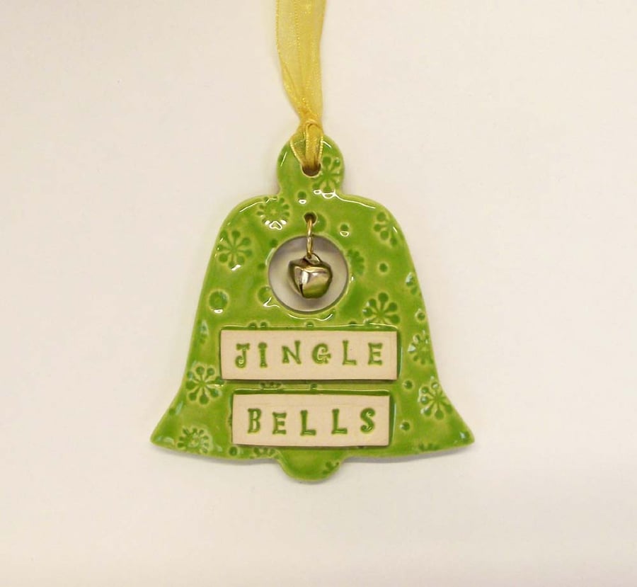 Christmas Bell - JIngle Bells Ceramic decoration with little bell inside. Green