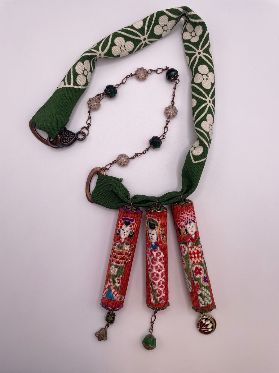Kokeshi japanese fabric worry dolls blossom necklace