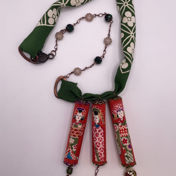 Kokeshi japanese fabric worry dolls blossom necklace