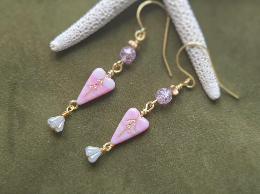 Pink Heart Dangle Earrings, Handmade Beaded Drop Earrings, Gift for Her