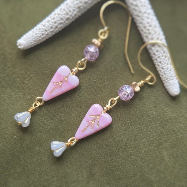 Pink Heart Dangle Earrings, Handmade Beaded Drop Earrings, Gift for Her