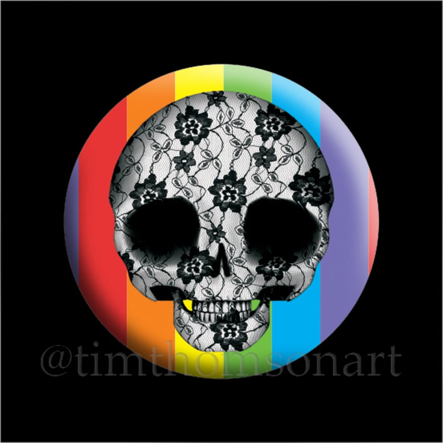 Lace Pullip Skull with a rainbow background, 25mm Button Pin Badge