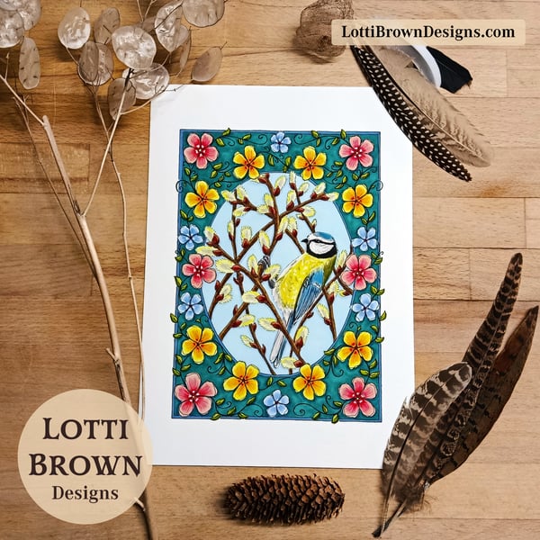 Blue Tit Art Print - British Garden Bird Art - A4 Giclée