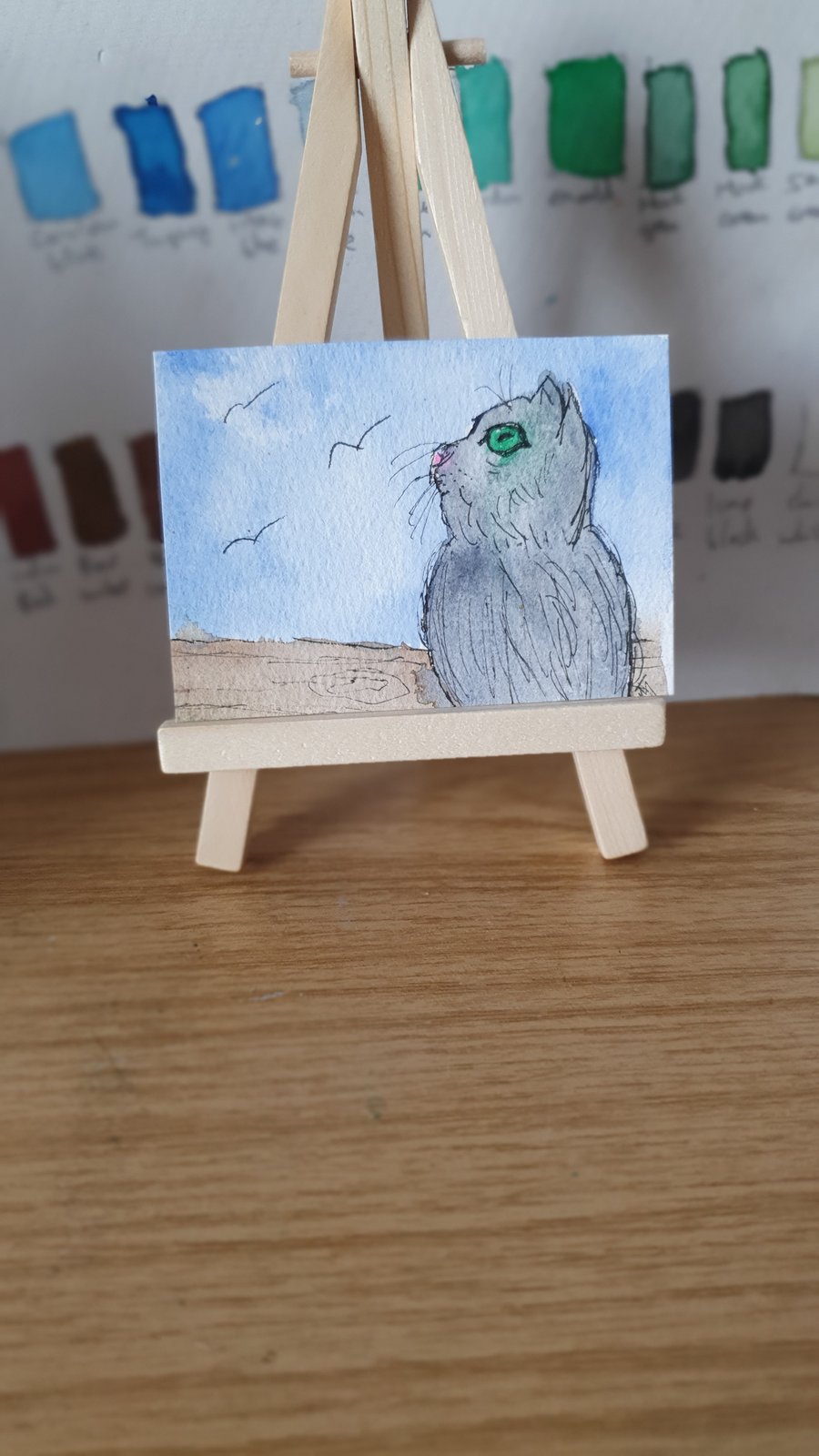 Cat ATC card watercolour tiny miniature artwork approx 3.5" x 2.5 inches