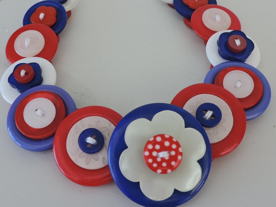 Button Necklace Nautical Blue Red and White