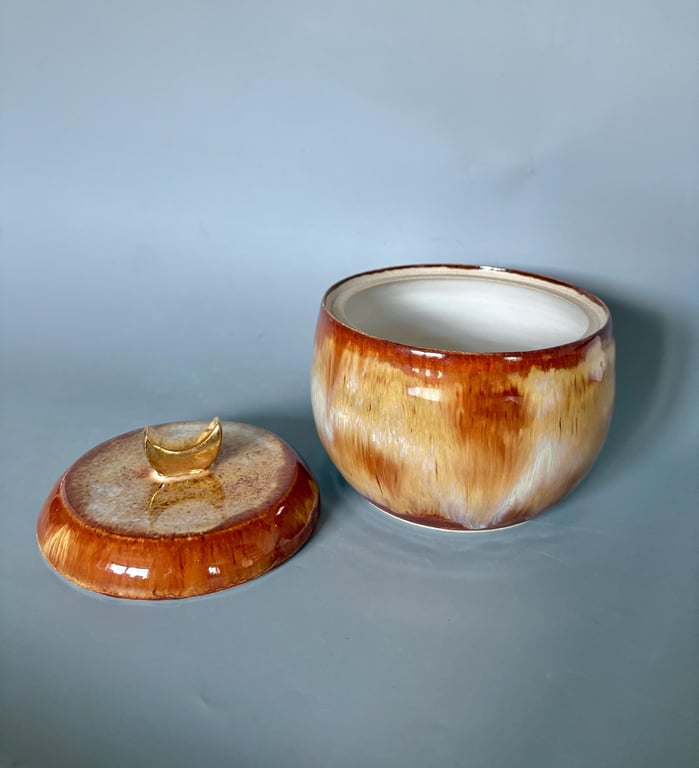 Handmade Ceramic Lidded Pot: Honey Glazed with Gold Moon