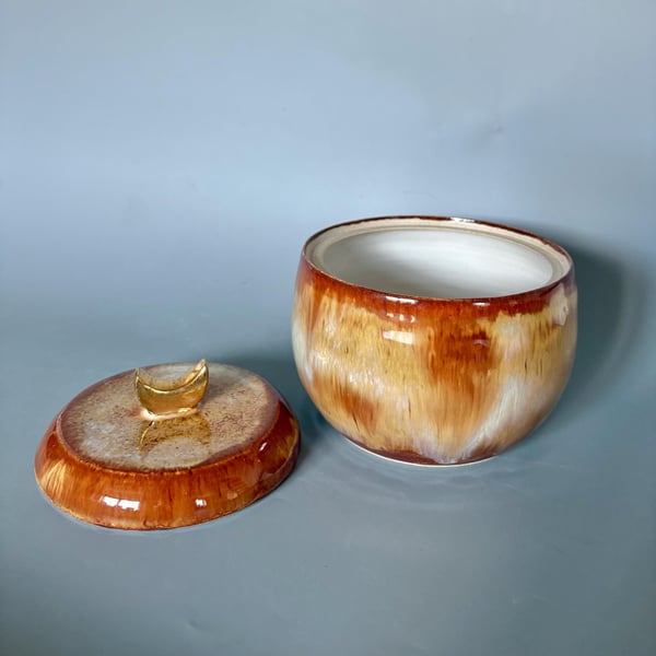 Handmade Ceramic Lidded Pot: Honey Glazed with Gold Moon