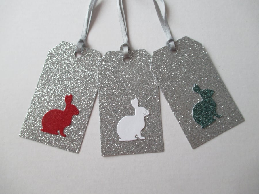 Gift Tag x 3 Bunny Rabbit Christmas Present Silver Glitter red white green