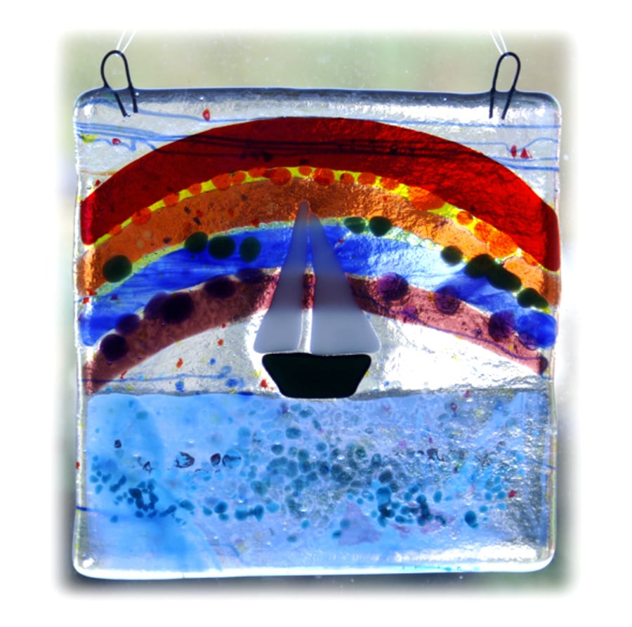 Rainbow Boat Fused Glass Picture Seascape Dichroic 001