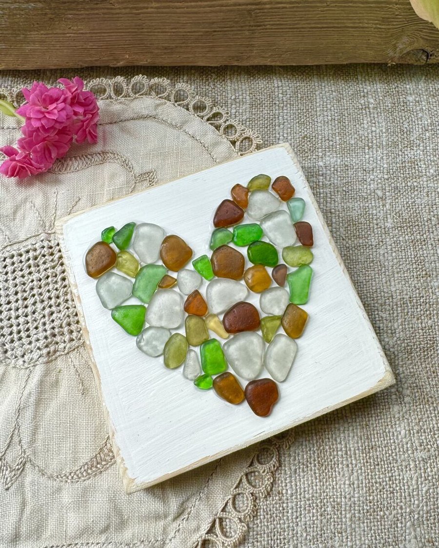 Freestanding Sea Glass Heart Ornament Handmade in Cornwall 