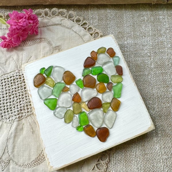 Freestanding Sea Glass Heart Ornament Handmade in Cornwall 