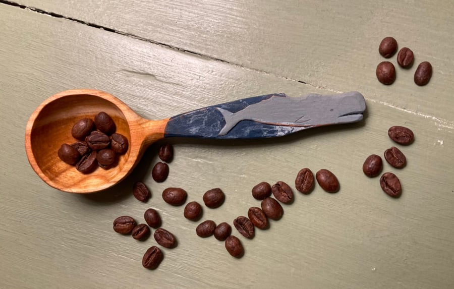 Cherry Wood Scoop with Relief Carved Sperm Whale
