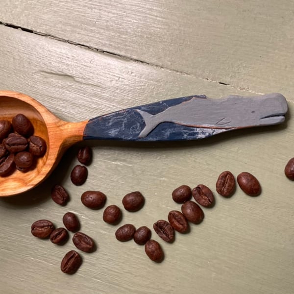 Cherry Wood Scoop with Relief Carved Sperm Whale