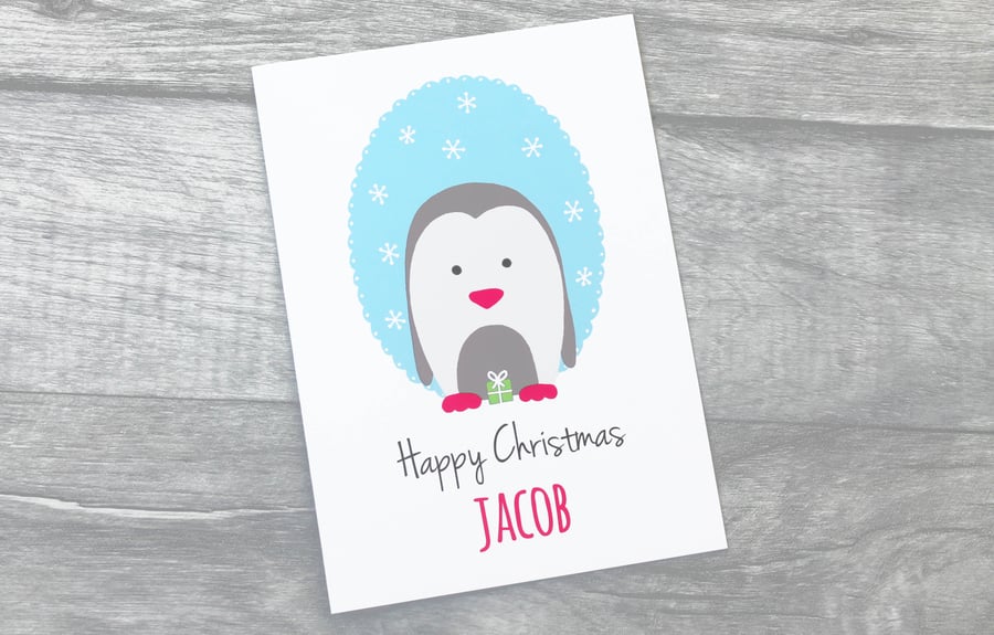 Childrens Penguin Christmas Card - Personalised Christmas Card for Kids
