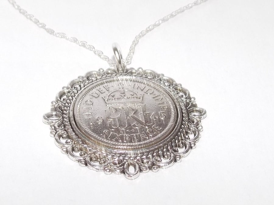 Fancy Pendant 1945 Lucky sixpence 79th Birthday plus a Sterling Silver 18in Chai