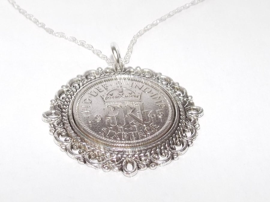 Fancy Pendant 1945 Lucky sixpence 80th Birthday plus a Sterling Silver 18in Ch