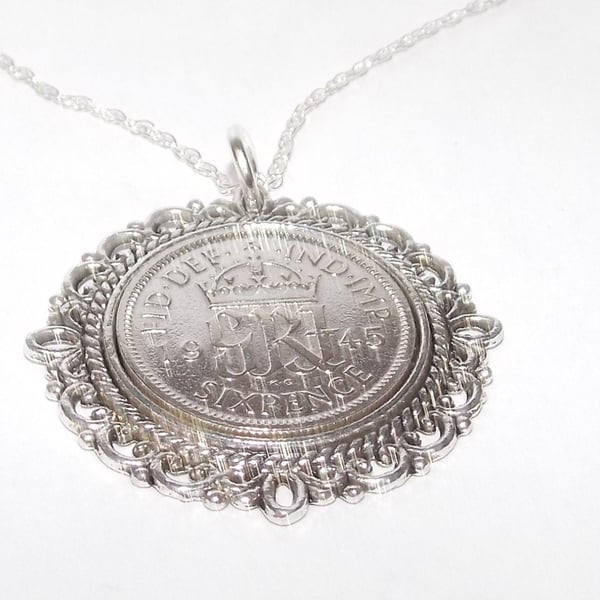 Fancy Pendant 1945 Lucky sixpence 79th Birthday plus a Sterling Silver 18in Chai