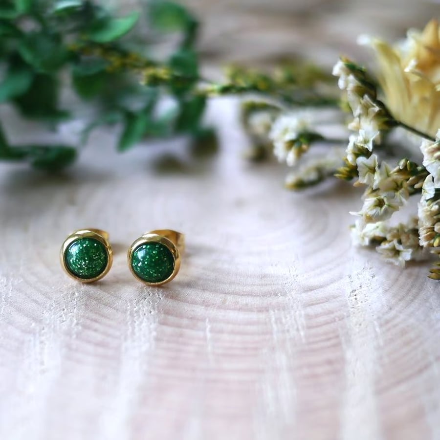 Gold Hypoallergenic Sparkly Green Resin Stud Earrings
