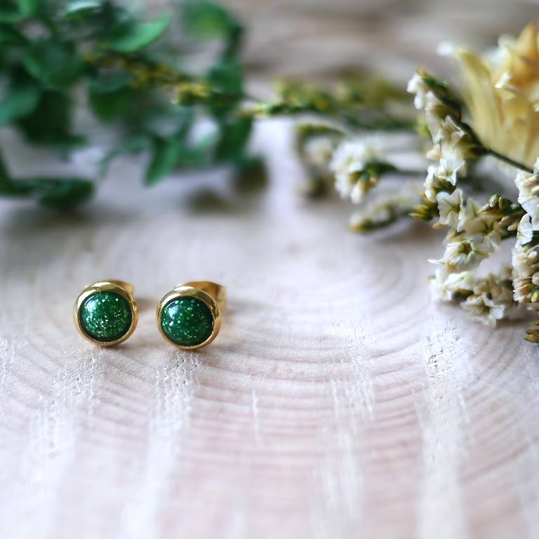 Gold Hypoallergenic Sparkly Green Resin Stud Earrings
