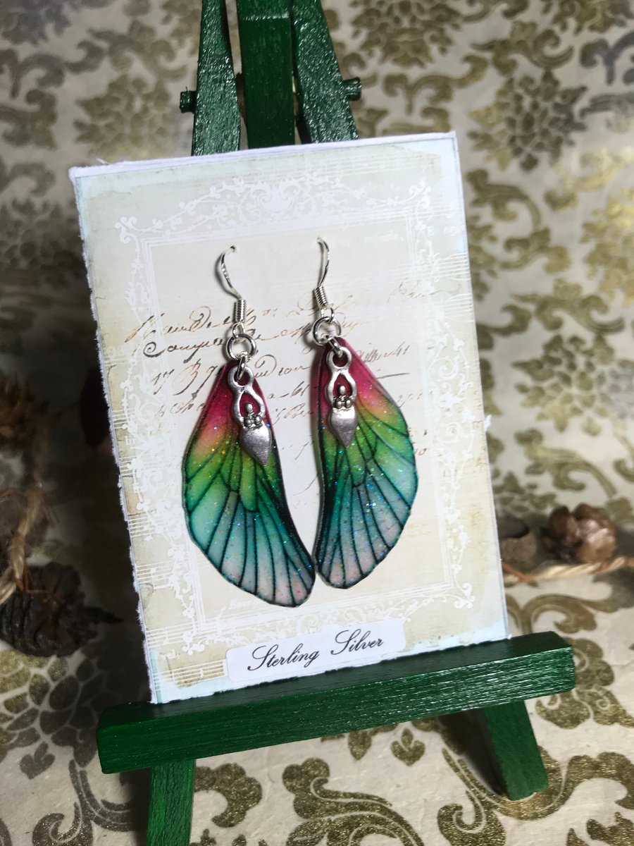 Pink and Green Goddess Faity Wing Sterling Silver Earrings