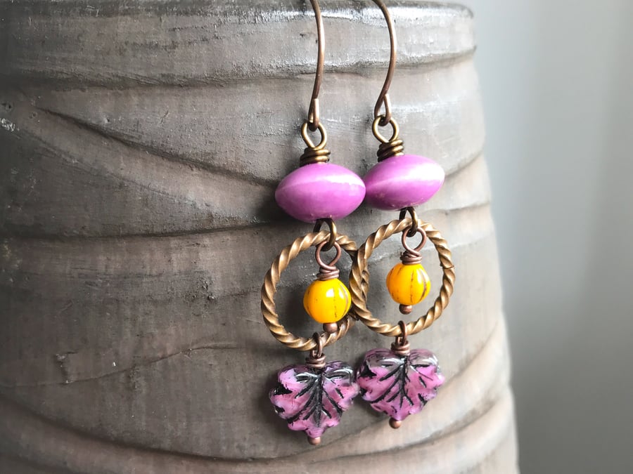 Bohemian Style Maple Leaf Earrings. Pink & Yellow Earrings. Czech Glass Earrings