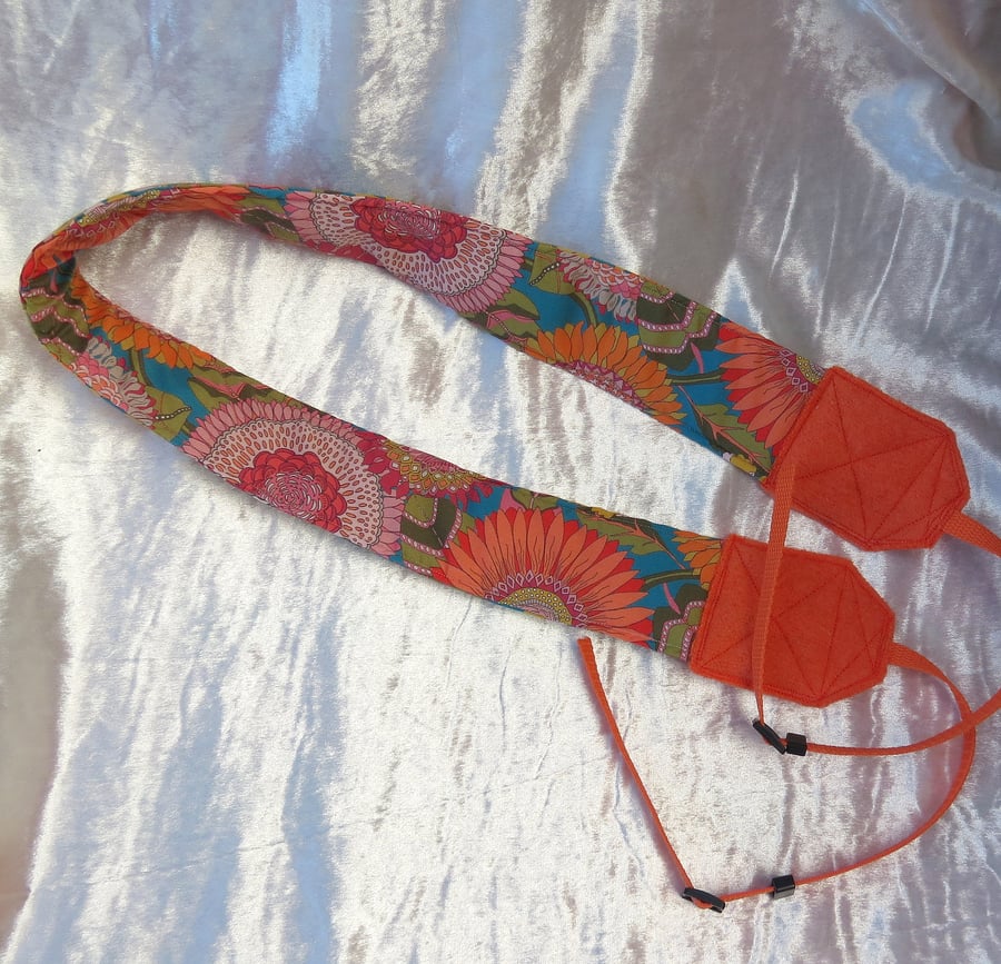 Padded camera strap.  Sunflowers.  Liberty Lawn camera strap.