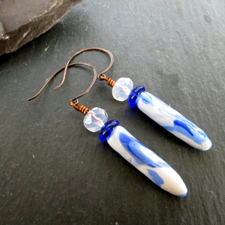 Blue and White Earrings, Long 'Pottery' Earrings, Polymer Clay