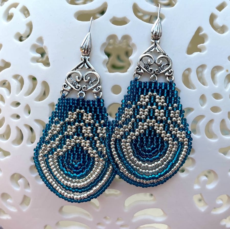 Blue Zircon and Silver Handmade Long Beaded Earrings