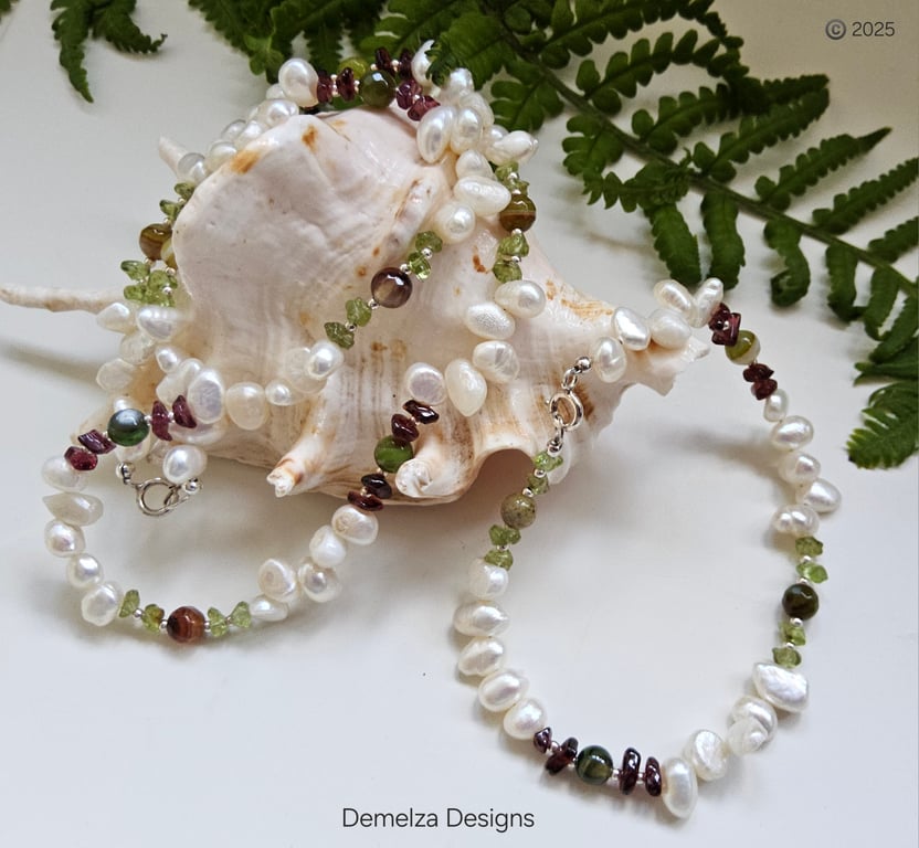 Keshi Pearl, Peridot, Garnet, Agate Necklace & Bracelet Set Sterling Silver