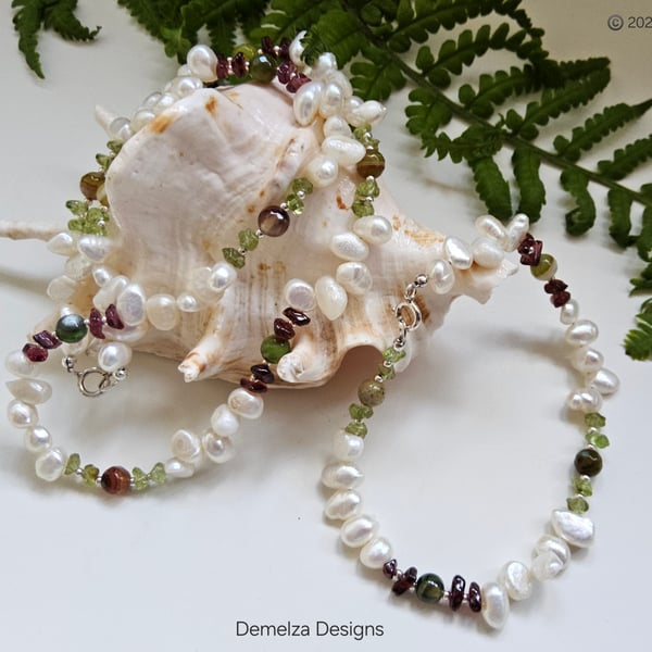 Keshi Pearl, Peridot, Garnet, Agate Necklace & Bracelet Set Sterling Silver