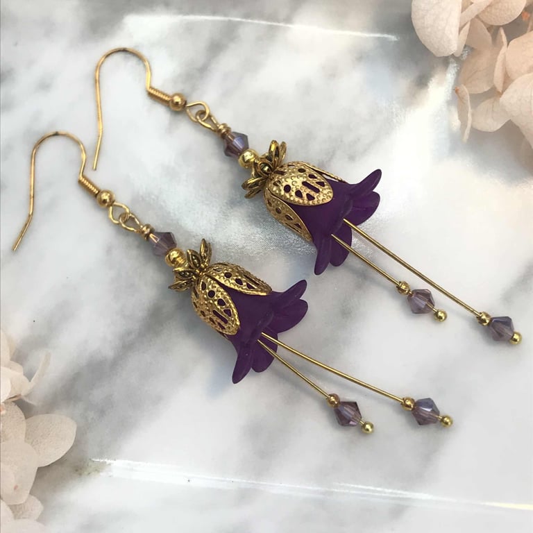 Purple Lucite and Gold Flower Drop Earrings
